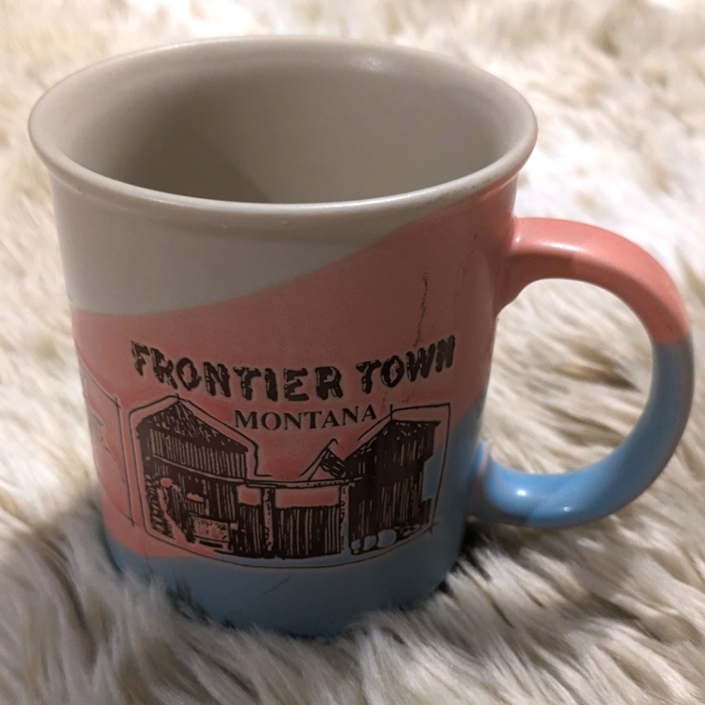 Vintage Frontier Town Montana Embossed Pink Blue Coffee Tea Mug